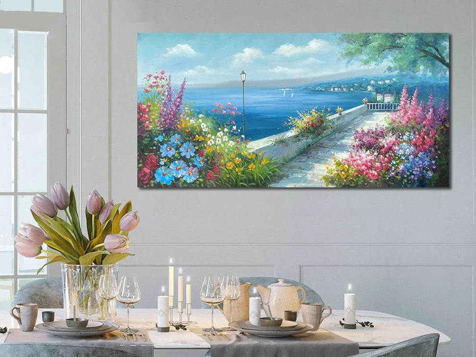 Blue Landscape Wall Art Canvas for Living Room Ocean Coastal Mediterranean Painting Bedroom 100% Hand Painted Seascape Garden Flower Picture Artwork Large Framed Home Office Wall Decor, 48"X24"