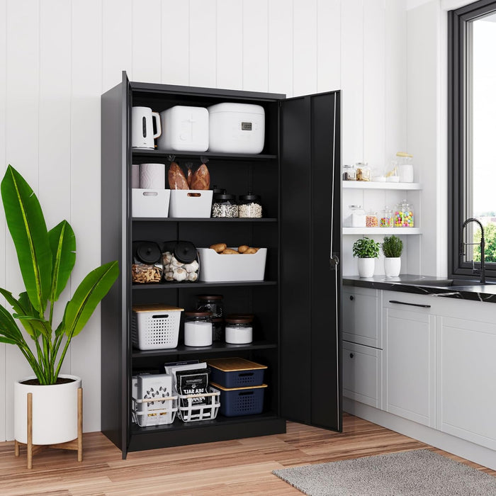 Black Metal Storage Cabinet with Lock & Shelves