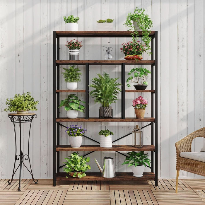 Rustic Bookcases and Book Shelves, Metal Wood 6 Tier Bookshelf and Book Rack Storage, Industrial Vertical Display Etagere Book Case 6 Shelf, Vintage Large Book Shelf for Bedroom Living Room, Brown