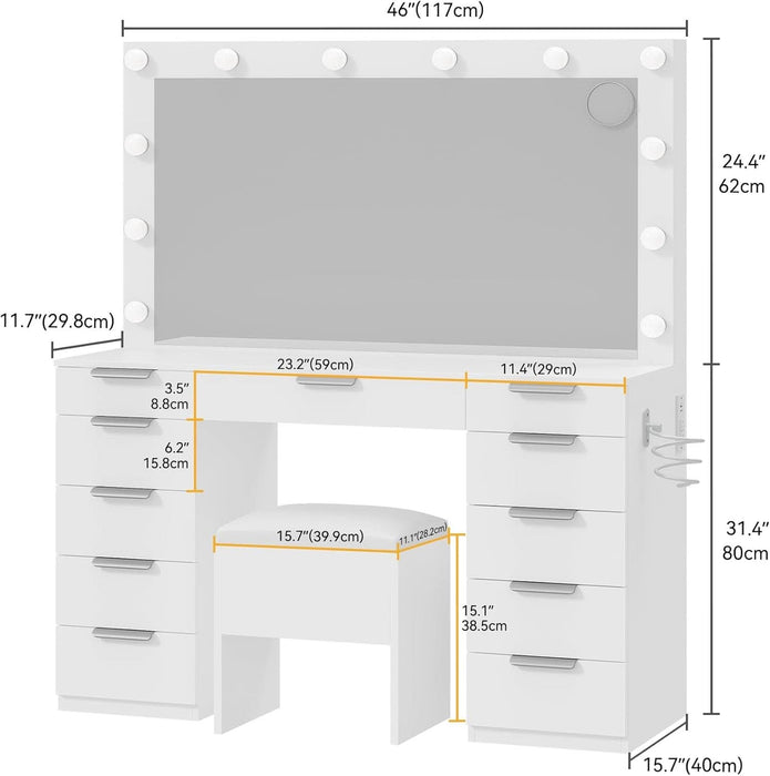 Makeup Vanity with LED Mirror, 11-Drawer Vanity Table with Touch-Control Lights