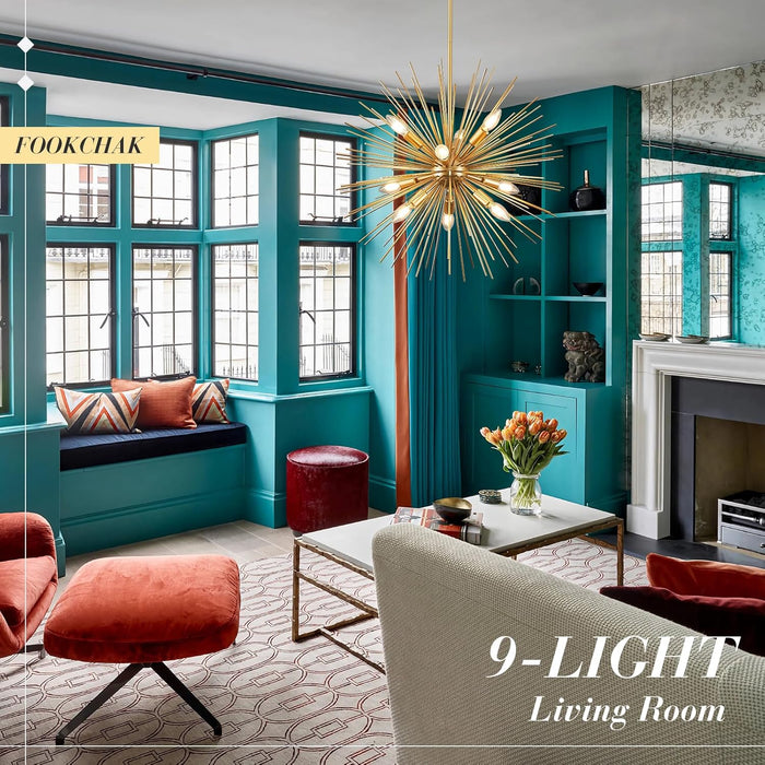 24In Gold Sputnik Chandelier 9-Light Starburst Chandelier Light Fixture Solid Metal Mid-Century Modern Satellite Light Fixture for Dining Room Bedroom Bathroom Entryway Kitchen Island