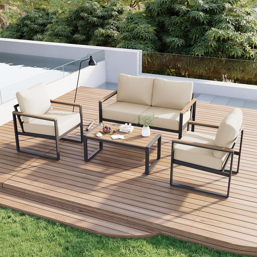 Patio Furniture Set, 4 Piece Outdoor Patio Furniture with Thick Cushions, Modern Metal Outdoor Conversation Sets with Coffee Table for Porch, Balcony, Deck Cream