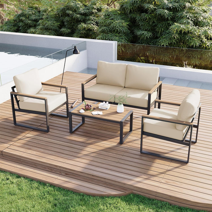 Patio Furniture Set, 4 Piece Outdoor Patio Furniture with Thick Cushions, Modern Metal Outdoor Conversation Sets with Coffee Table for Porch, Balcony, Deck Cream