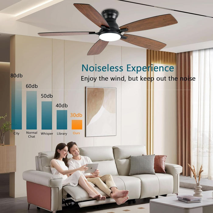 Ceiling Fans with Lights, 52 Inch Low Profile Ceiling Fan with Light and Remote Control, Flush Mount, DC Reversible Motor, Noiseless, Brown 6 Speeds Ceiling Fan for Bedroom