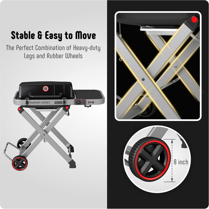 Portable Propane Gas Grill with Folding Cart & 13000 Btus Burner, 360 Sq. In. Cast Iron Cooking Grates, Side Table, 8" Wheels, Stainless Grease Tray for Outdoor BBQ, Camping & Tailgating, Black