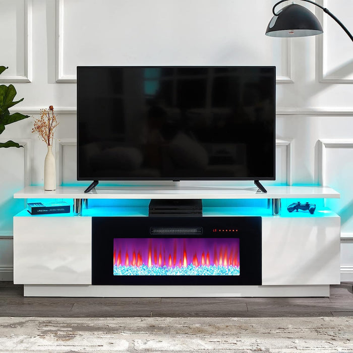 Fireplace TV Stand with 36" Fireplace, 70" Modern Fireplace Entertainment Center LED Lights, 2 Tier TV Console Cabinet for Tvs up to 80", Ivory White