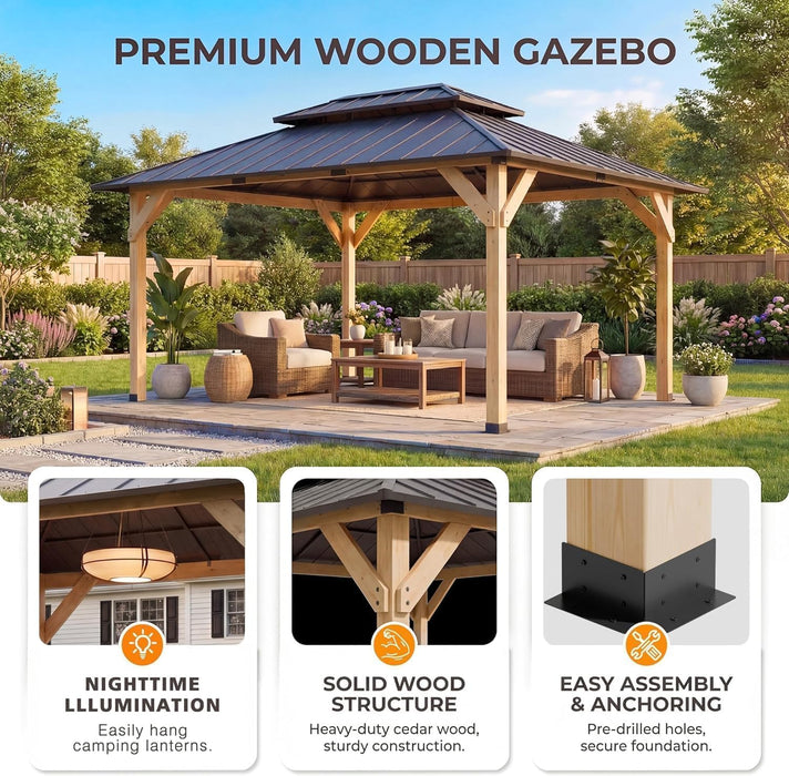 12' X 16' Wooden Gazebo,Patio Hardtop Gazebo Wood,Diy Color Permanent Pavilion with Galvanized Steel Double Metal Roof for Backyard, Deck(Windproof, Snow-Load Bearing, Waterproof, Rustproof)