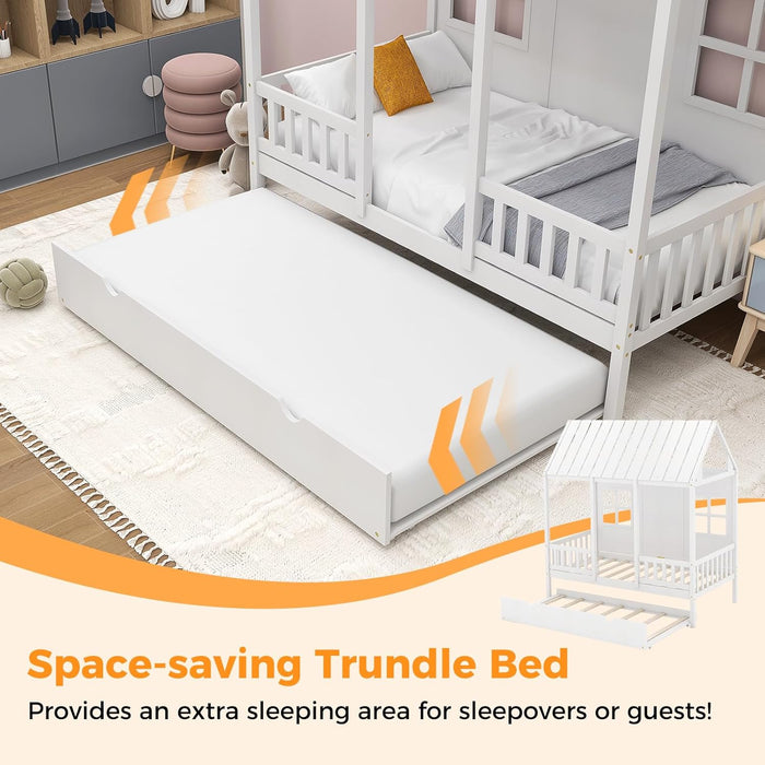 Twin Size House Bed with Trundle, Wood Kid’S House Bed Frame with Roof, Windows, Fence Rails, Playhouse Bed Frame with Sturdy Bed Slats for Boys & Girls, No Box Spring Needed (White, Twin)