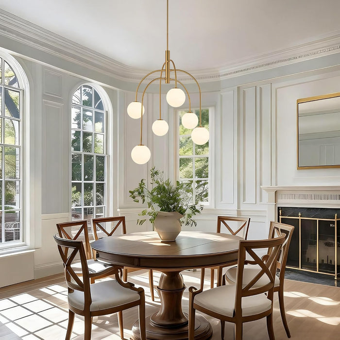 6 Lights Mid Century Modern Chandelier, Milk Glass Globe Chandelier Light Fixture with Gold Metal & White Ball, Large Pendant Lighting Ceiling Hanging for Dining Room Kitchen Island Entryway
