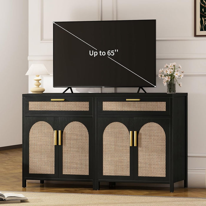 Rattan Buffet Cabinet with Storage, Sideboard Cabinet with Doors and Shelves, Accent Coffee Bar with Drawers, Farmhouse Kitchen Storage Cabinets, Credenza for Entryway, Living Room Black