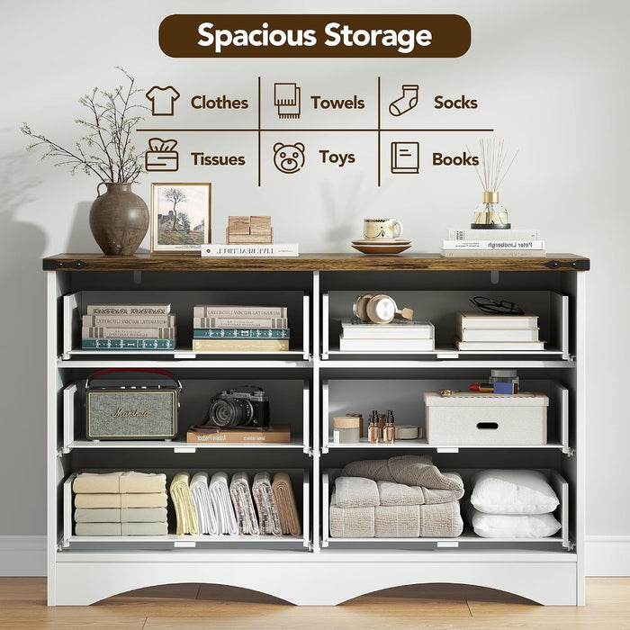 47" Farmhouse 6-Drawer Dresser for Bedroom, Pure White + Walnut