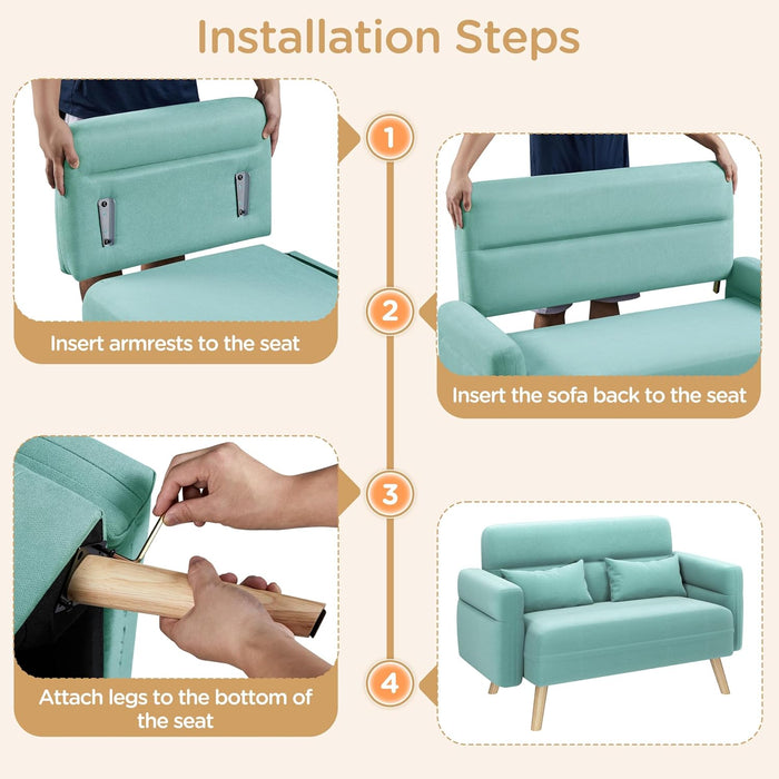 46" Small Modern Fabric Sofa Loveseat Mid Century 2 Seater Sofa Couch with Lumbar Pillows, Solid Wood Legs for Living Room, Small Space, Dorm, Office, Bedroom, Aquamarine