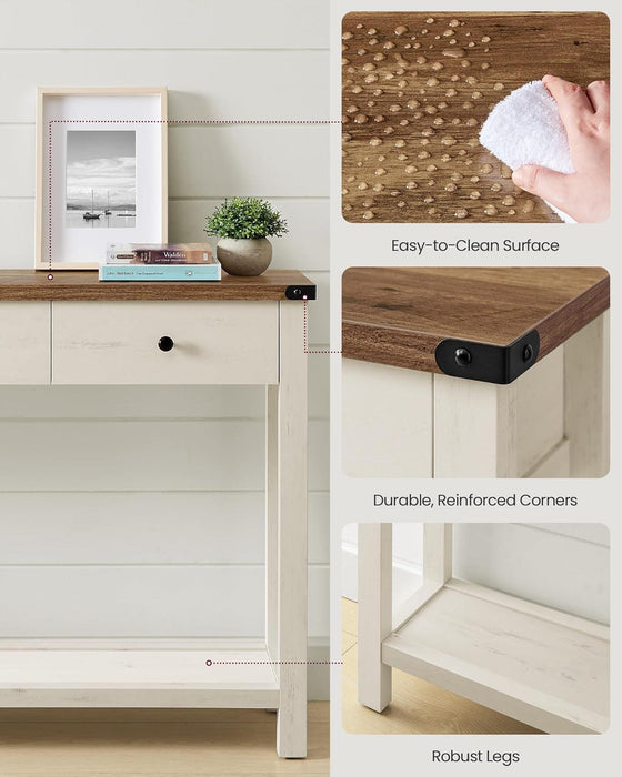 LIRY Collection - Console Table with 3 Drawers and Open Storage Shelf, Narrow Entryway Sofa Table for Living Room, Farmhouse Style, Metal Corners, Honey Brown and Rustic White ULNT142WJ02S