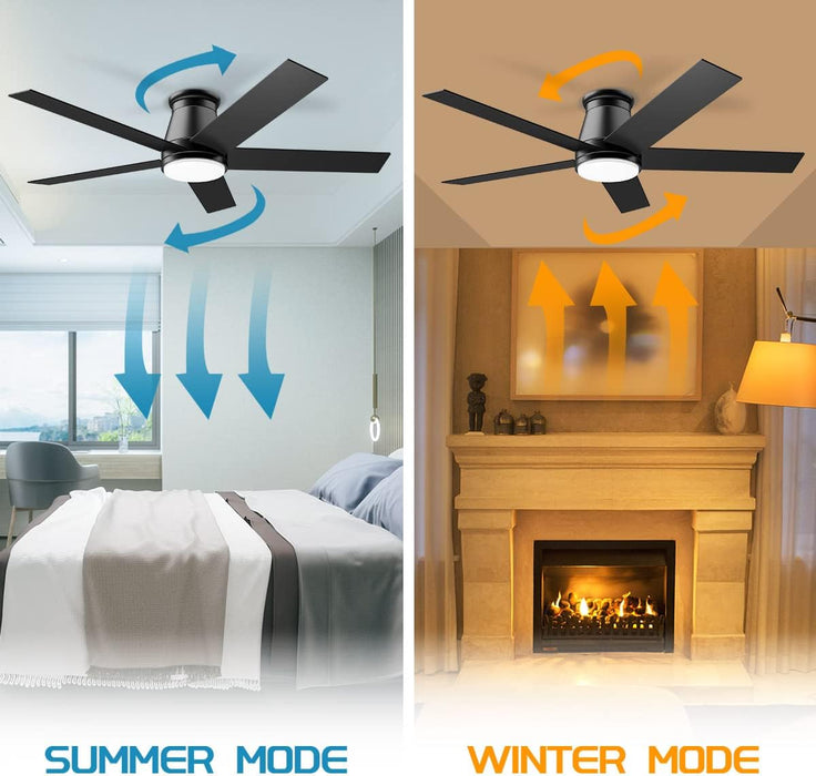 52" Flush Mount Low Profile Ceiling Fan, Black,6 Speeds DC Reversible Motor,Timing, Dimmable for Indoor, Patio,Porch, Garage, Shop