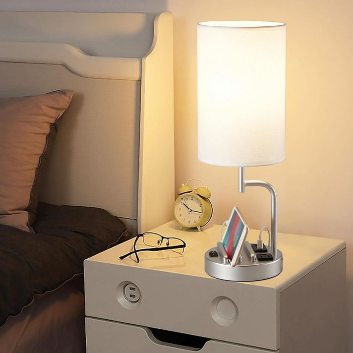Table Lamp with 3 USB Charging Ports, Modern Desk Lamp with AC Outlet and Phone Stands, Perfect Bedside Lamp for Bedroom, Living Room, Office (Pack of 2), Silver