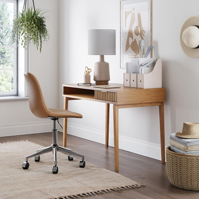 Jasper Small Home Office Desk with Storage, Bohemian Writing Desk with Drawer and Open Cubby, Natural Brown