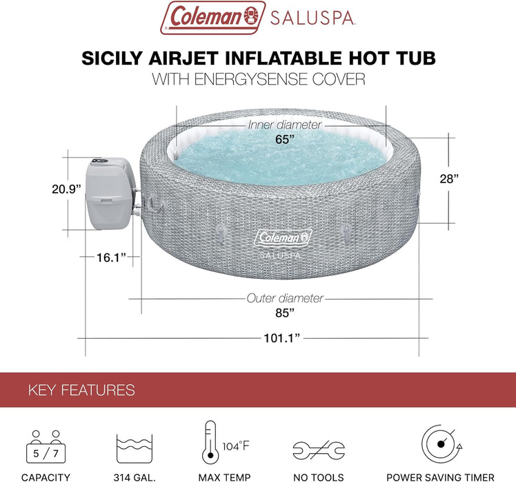 Sicily Airjet 5 to 7 Person Inflatable Hot Tub round Portable Outdoor Spa with 180 Airjets Energysense Saving Cover, Gray