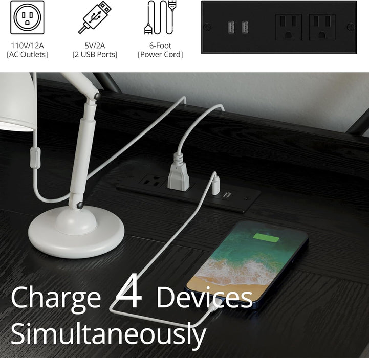 Computer Desk 55" with Power Outlet and Storage Shelves, Study Writing Table with USB Ports Charging Station, PC Desk Workstation for Home Office, Black