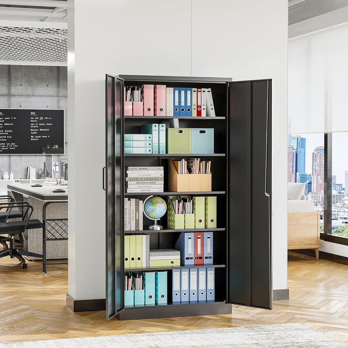 Black Metal Storage Cabinet with Lock & Shelves