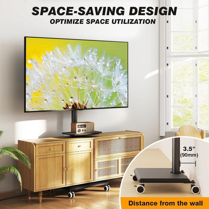 Rolling TV Stand with Power Outlet for 32-60 Inch Tvs, Swivel and Height Adjustable Mobile TV Stand with Shelf, Strong TV Cart on Wheels up to 88 Lbs for Living Room, Bedroom and Office (Black)