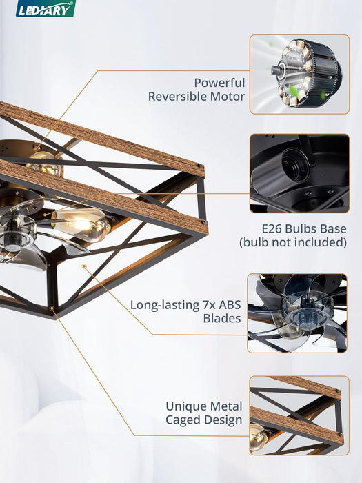 20” Caged Low Profile Ceiling Fans with Lights and Remote, Rustic Square Flush Mount Ceiling Fan, 6 Speed and Reversible, Small Farmhouse Bladeless Ceiling Fan for Bedroom, Kitchen,Dining Room