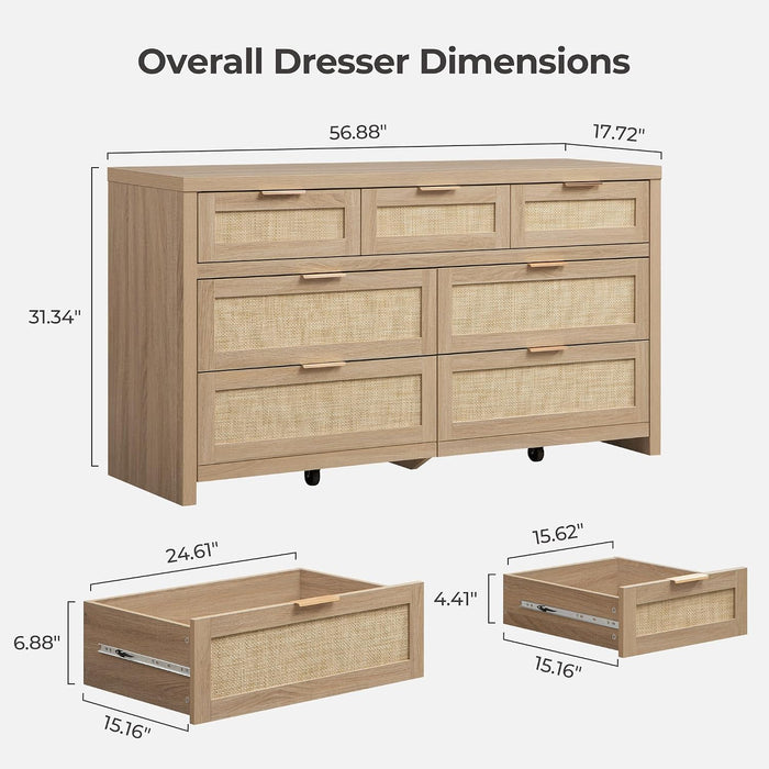 7 Drawer Rattan Dresser for Bedroom, 57" Wide Dresser
