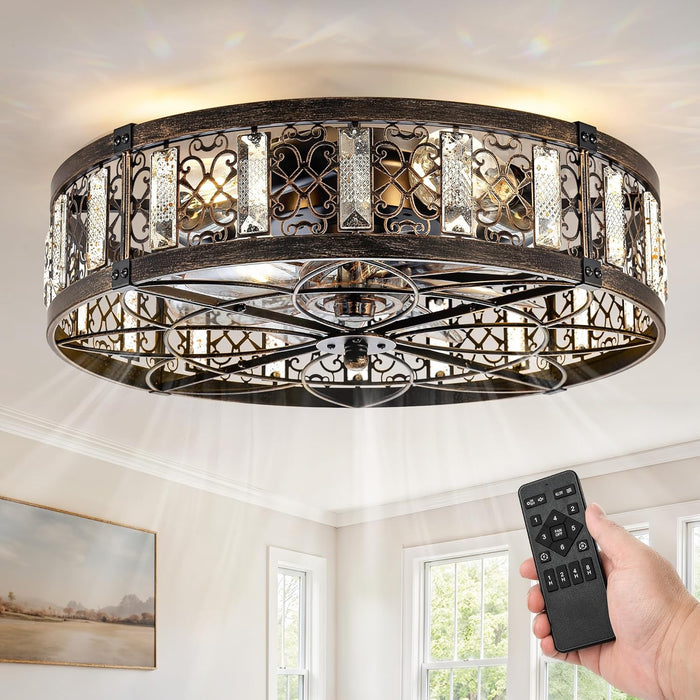 20" Caged Ceiling Fans with Lights,Flush Mount Vintage Victorian Rustic Crystal Fandelier,Low Profile Farmhouse Enclosed Ceiling Fan with Light and Remote for Bedroom,Kitchen,Indoor,Black Gold