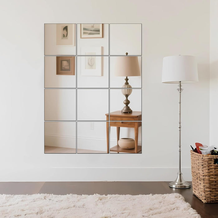 Home Gym Mirrors 12 Inch X 12Pcs Wall Mounted Mirror Glass Frameless Full Length Mirror Tiles for Home Gym, Bedroom, Door & Bathroom