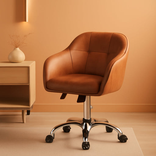 Faux Leather Desk Chair, Makeup Vanity Chair with Adjustable Tilt Angle, Swivel Office Chair Upholstered Armchair Study Chair for Bedroom and Makeup Room Retro Brown