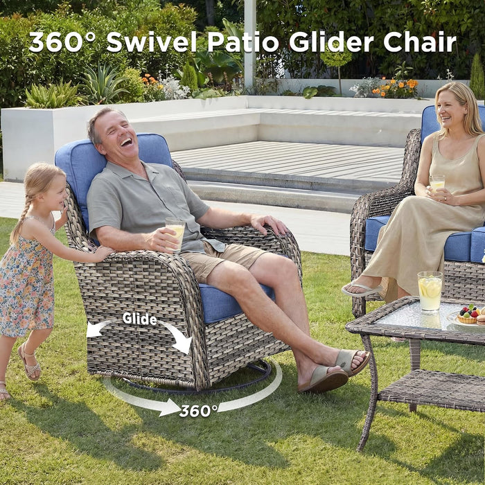 Luxury Patio Furniture Set with Fire Pit Table-6 Pieces All Weather Outdoor Swivel Rocker Chairs with Sofa and Ottomans. Outdoors Patio Conversation Sets for Porch Deck Garden Backyard(Grey/Blue)