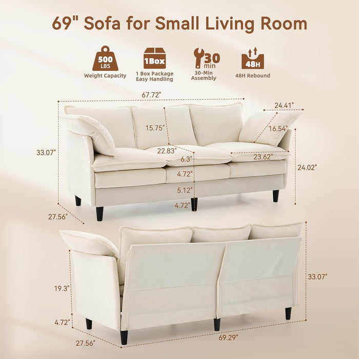 69 Inches Beige Overstuffed Ergonomic Chenille Sofa