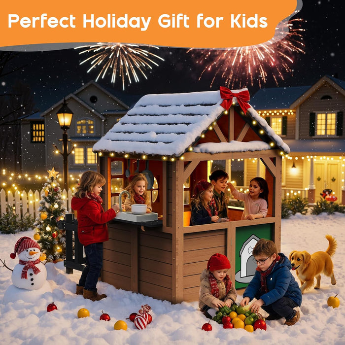 Kids Outdoor Wooden Playhouse with Kitchen Set, Durable Wood Construction with Waterproof Roof & Rust-Resistant Hinges, Pretend Playhouse for 3–8 Years Old Boys & Girls