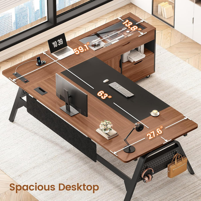 L Shaped Computer Desk with Mobile File Cabinet & Power Outlets, Executive Home Office Desk with Storage Drawers, Pegboard, Cable Management, Reversible L Desk for Work & Gaming, Black + Brown
