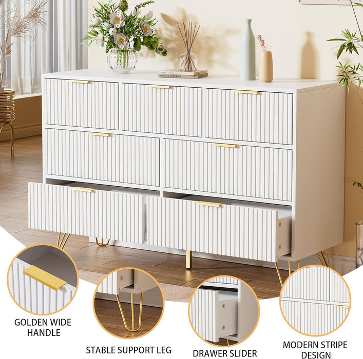 White Dresser 47InchWide FlutedDrawersWithGoldPulls