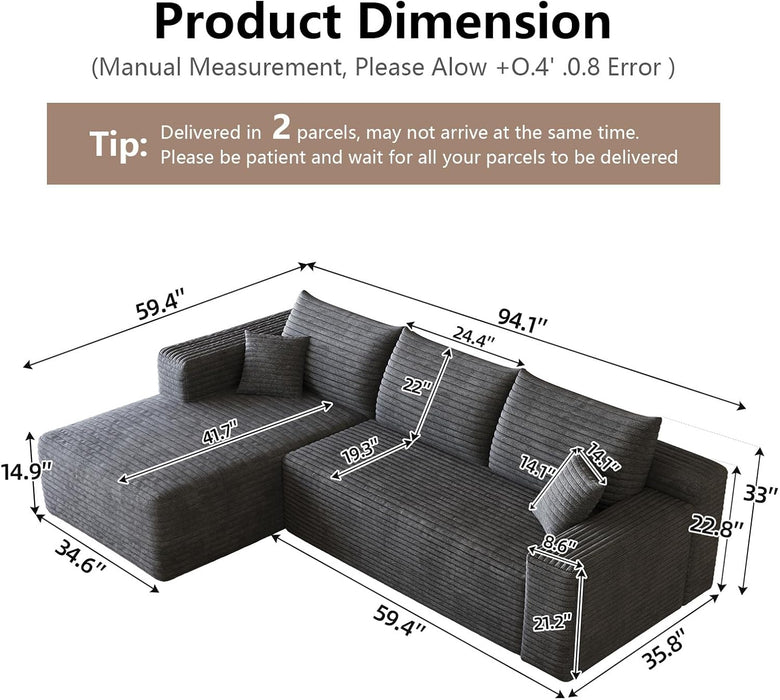 Grey NinetyFiveInch Upholstered Corduroy Sleeper Sofa
