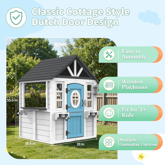 Kids Playhouse – Outdoor & Indoor Playset, Modern White Cedar Wooden Playhouse for Ages 3–8 with Split Dutch Door, Functional Kitchen Set (Includes Stove, Sink), Interactive Doorbell (White)