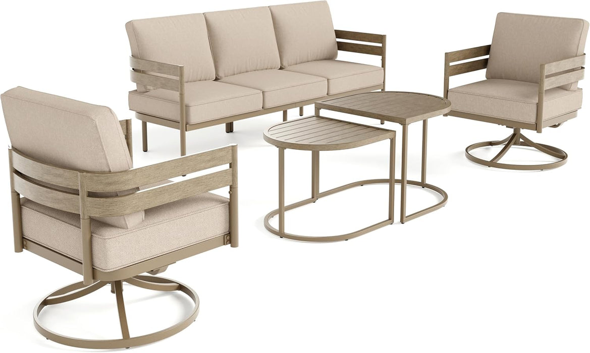 Metal Frame Patio Furniture Set, 5 PCS Modern Outdoor Patio Furniture Set, Wood-Like Patio Seating with Coffee Table and Patio Swivel Chairs, Patio Conversation Set for Backyard Deck