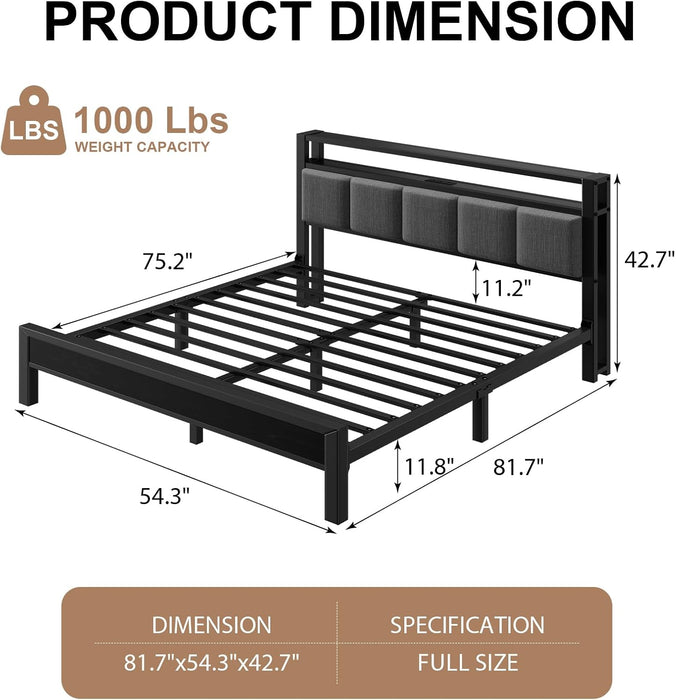 Full Size Bed Frame with LED Lights and Charging Station, Grey