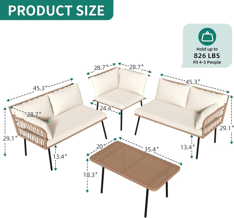 4-Piece Wicker Patio Furniture Set, All Weather PE Rattan Conversation Set Sectional Sofa with Soft Cushions & Side Table, Porch Furniture for Deck, Balcony, Backyard - Beige