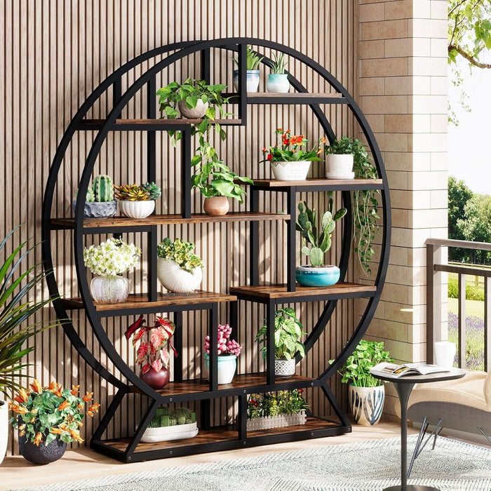 Bookshelf, round Bookshelves Etagere Bookcase, 63 Inch Industrial Wood Book Shelf with Staggered Shelves, Rustic Open Shelving Organizer Rack Display Shelf for Home Office, Living Room