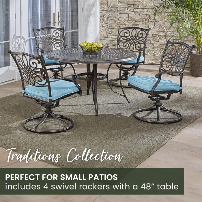 Traditions 5-Piece Rust Resistant Aluminum Patio Dining Set with Blue Cushions, Swivel Rockers and Aluminum round Dining Table, Outdoor Dining Set for 4
