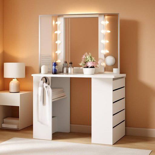 Corner Vanity Desk with Mirror and Lights, White Makeup Vanity Table with 5 Drawers, Storage Shelves, Charging Station, 3 Lighting Modes, Compact Vanity Dressing Table for Small Space