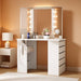 Corner Vanity Desk with Mirror and Lights, White Makeup Vanity Table with 5 Drawers, Storage Shelves, Charging Station, 3 Lighting Modes, Compact Vanity Dressing Table for Small Space