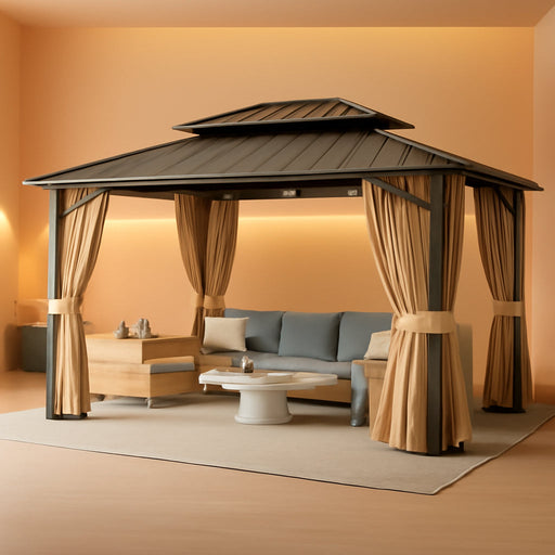 10’X12’ Hardtop Gazebo, Galvanized Steel Double Roof Canopy with Heavy-Duty Steel Frame, Outdoor Pavilion with Nettings and Curtains