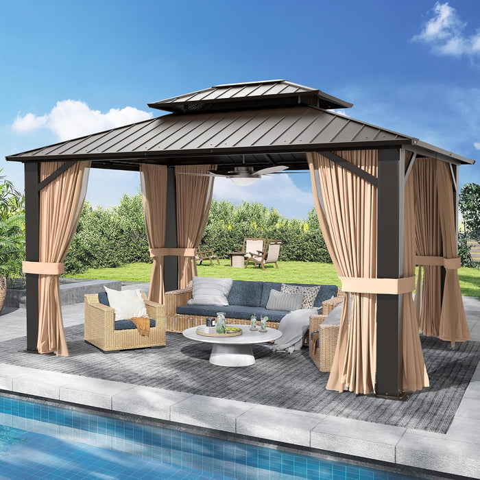 10’X12’ Hardtop Gazebo, Galvanized Steel Double Roof Canopy with Heavy-Duty Steel Frame, Outdoor Pavilion with Nettings and Curtains