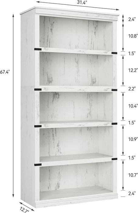 5 Tier Farmhouse Bookcase, 67.4 in Tall Book Shelf with Storage