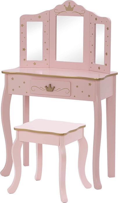 Kids Vanity Set with Mirror and Stool, Kids Make up Vanity Desk with Mirrror for Little Girls, Children Makeup Dressing Table with Drawer, Pink
