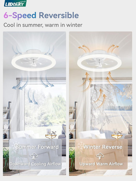 RGB Low Profile Ceiling Fans with Lights and Remote, 20 Inch Dimmable Modern Ceiling Fan(3000K-6000K), 6 Speed, Reversible, APP & Remote Control, Flush Mount Fan Light, White RGB Ceiling Fans