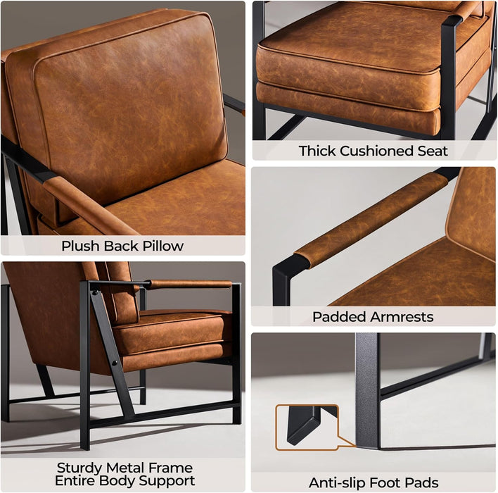 PU Leather Armchairs, Retro Leisure Accent Chair with Extra Soft Padded and Cushion, 105 Degree Slant Back, Modern Reading Arm Chair for Living Room/Office/Bedroom/Study, 2Pcs, Light Brown