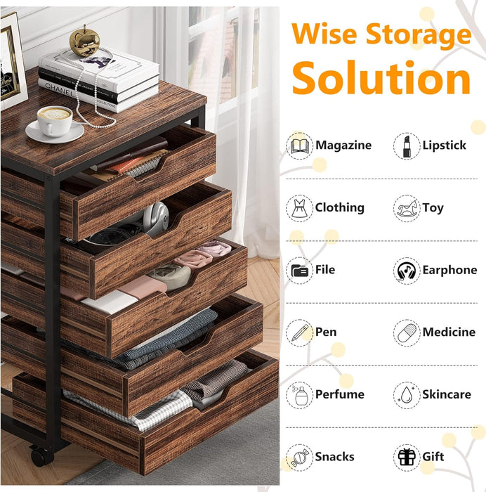 5 Drawer Chest, Wood Storage Dresser Cabinet with Wheels, Industrial Storage Drawer Organizer Cart for Office Bedroom Entryway (Rustic Brown, 1 PC)